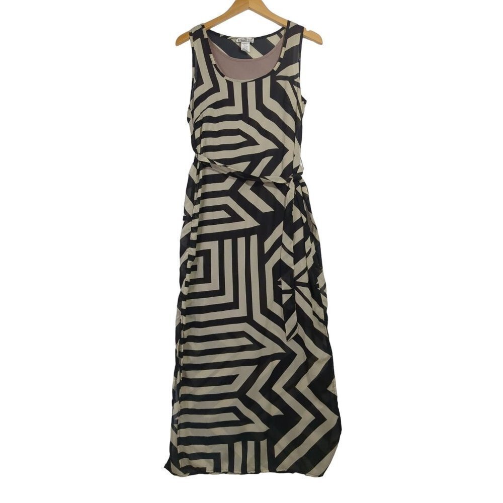 Robbie Bee Artsy Maxi Dress Womens 4 Black Beige Sleeveless Lightweight Long